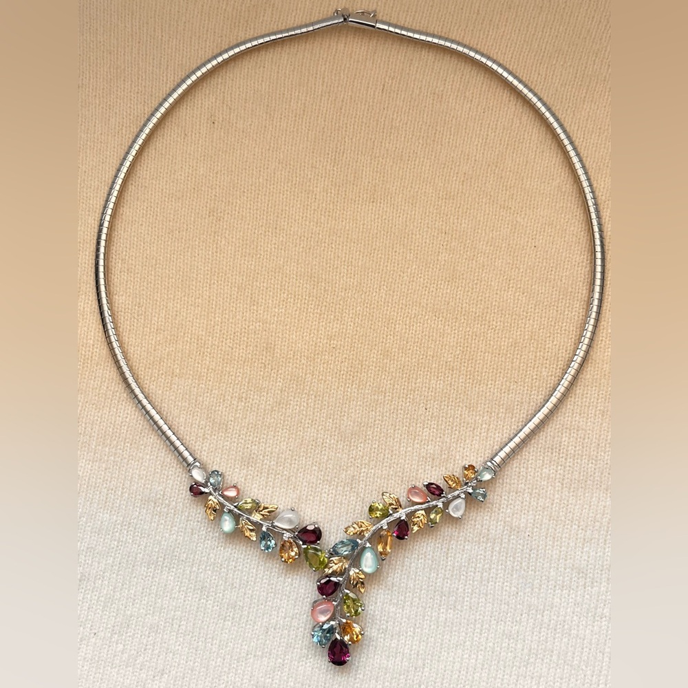 Sterling Silver Omega Necklace w/semi precious gemstones & gold plated leaves - Picture 3 of 14